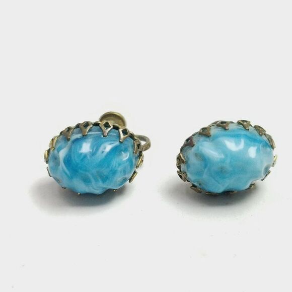 Vintage Blue Oval Cabochon Clip On Earrings, Screw Backs, Retro 60s Style - Picture 7 of 7